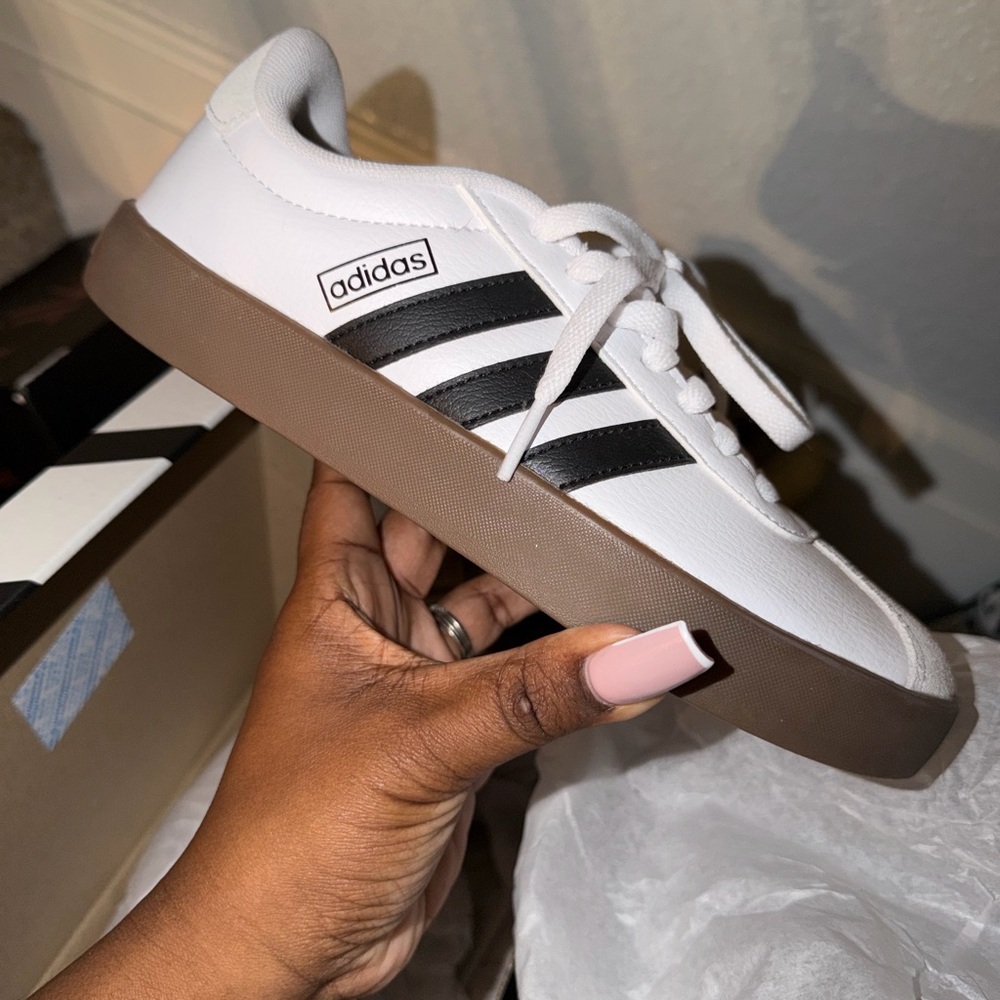 SOLD Adidas Classic White and Black Shoes with Brown Sole